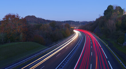 AP-1 highway. Car lights at dusk on the AP-1 highway as it passes through Hernani, Euskadi.