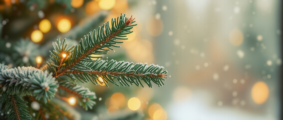 frosty evergreen branch with warm lights