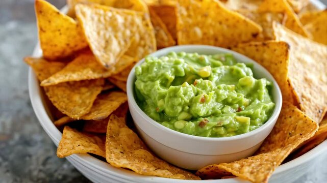 Avacado dip sauce guacamole with tortilla corn nachos on plate on the grey table