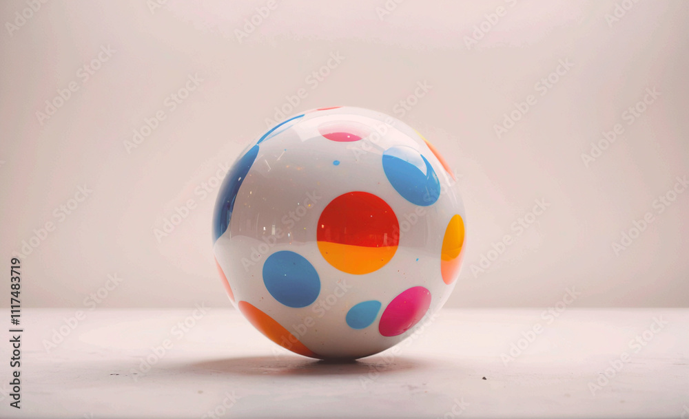 Poster white and blue ball with orange and blue dots. it is sitting on a white surface. the ball is round a