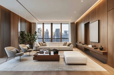 Fototapeta premium Modern and minimalist living room design with a comfortable, youthful vibe, featuring a sleek gray and white color scheme, creating a clean and stylish environment perfect for contemporary living.