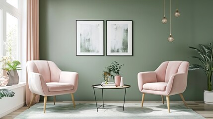 Modern living room setup with blush pink chairs, sage green accent wall, and chic minimalist design