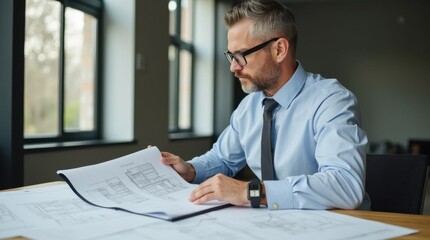 Architect Reviewing Building Plans at a Desk