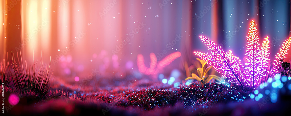 Poster vibrant forest scene with colorful glowing plants and enchanting atmosphere.