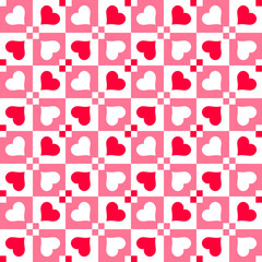seamless pattern features red, pink, and white hearts arranged in a checkered design, perfect for Valentine's Day decorations, textiles, or wallpapers