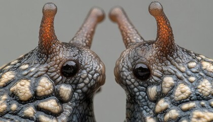 Close-up of two snails facing each other, showcasing their textures.