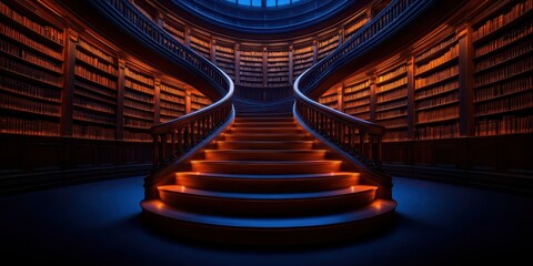 Obraz premium A grand staircase illuminated by warm lights leads into a vast library filled with rows of books, creating a majestic and inviting atmosphere.