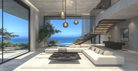 Fototapeta premium Luxurious seaside villa living room with large windows offering breathtaking ocean views, combining modern interior design with serene coastal aesthetics for a tranquil lifestyle.