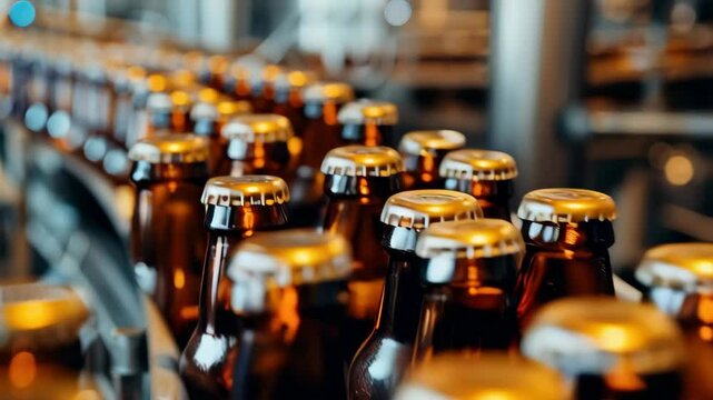 Full brown beer bottles on the conveyor belt in the brewery