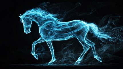 Fototapeta premium Illuminated blue horse silhouette on black background