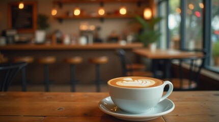 Latte Art on a Table in a Cozy Coffee Shop Interior
