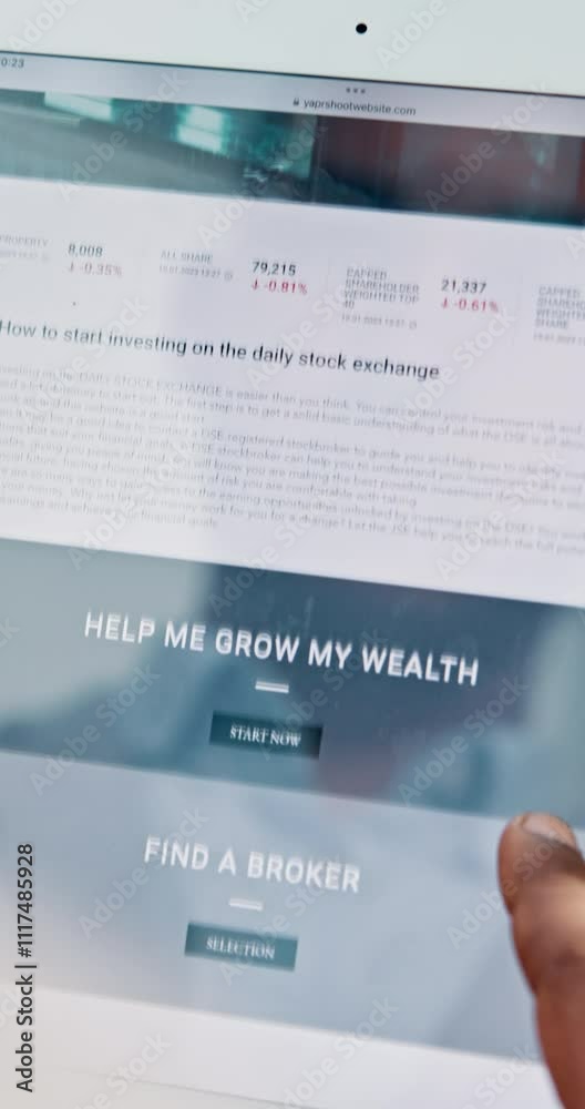 Poster hands, person and tablet screen with market website or fintech app for stock exchange and share valu