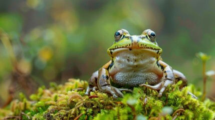 Obraz premium Magnificent Green Frog on Mossy Ground
