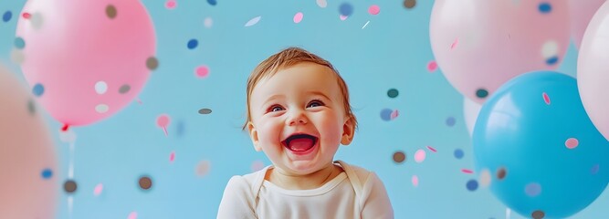A joyful baby is gender reveal party with blue and pink balloons, confetti, and plenty of empty space for a celebratory message