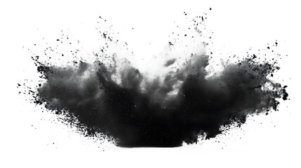 A dramatic black powder explosion isolated on a transparent background, capturing the intense burst of smoke and particles in mid-air, with dark, swirling clouds creating a powerful visual impact.
