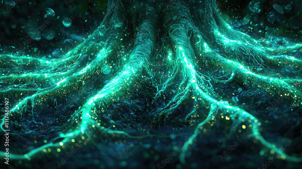 Poster Vibrant glowing tree roots illuminated in a mystical environment with shimmering lights.