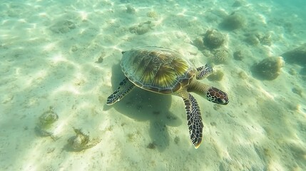 Obraz premium Sea turtle swimming in shallow tropical water over sandy bottom.