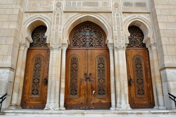 Obraz premium Ornate wooden doors with intricate designs on a stone building facade.
