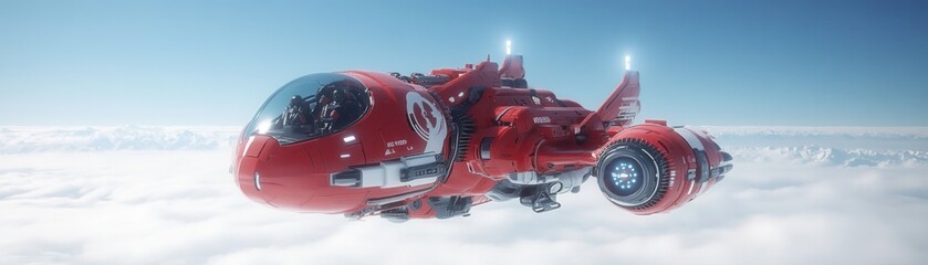Obraz premium A futuristic red vehicle glides above the clouds, showcasing advanced technology and a sleek design in a bright, airy atmosphere.