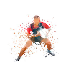 Rugby player running with ball,  low polygonal abstract isolated vector illustration, front view