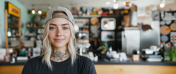 Portrait of a tattoo artist showcasing her unique style in a vibrant studio that reflects her...