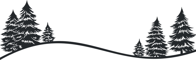 landscape with trees and fir trees on a black wavy line without background
