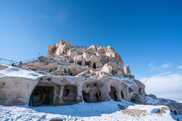 Uçhisar Kalesi (Uçhisar Castle) is crisscrossed by numerous underground passageways and rooms which served as residential areas, cloisters  in Byzantine times in Nevşehir, Turkey