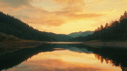 Fototapeta premium Serene Sunset over Mountain Lake