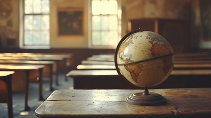 Vintage Classroom Scene with Wooden Desks and an Old Globe