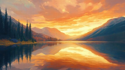 Fototapeta premium Serene Sunset Lake Mountain Landscape
