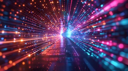Fototapeta premium Abstract neon lights into digital technology tunnel. Generative AI.