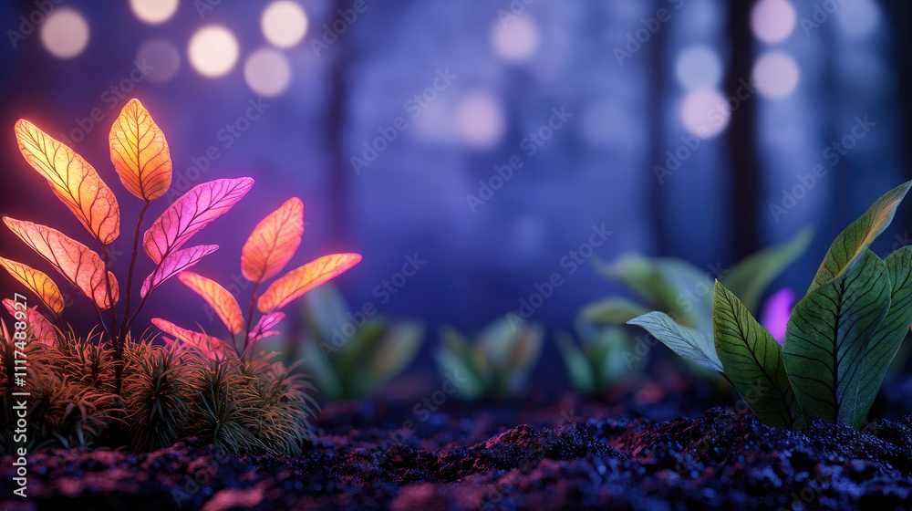 Aufkleber Vibrant illuminated leaves in a magical forest setting with glowing bokeh effects.