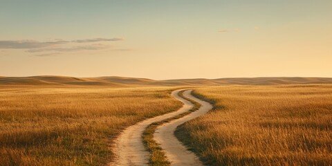 A winding dirt path stretches through golden grasslands, leading towards distant hills under a serene sky at sunset.