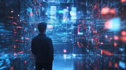 Fototapeta premium Man Observing Digital Data Stream