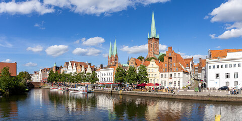 Obraz premium Lübeck's old town with Trave river panorama Hanseatic city of Lübeck in Germany