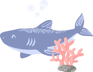 Clip art with cute shark and coral. Vector cute illustration.