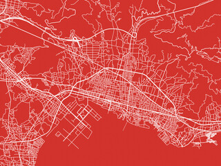 Christmas Map of Gamagori, Japan in Snowy White on Festive Red Background.