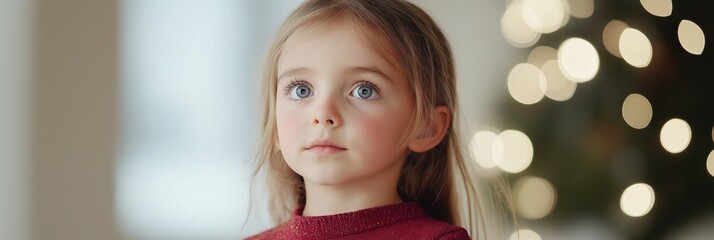 A young girl is standing in front of a Christmas tree. She is wearing a red sweater and has blonde hair