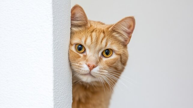 Ginger Cat Peeking from Behind the Wall
