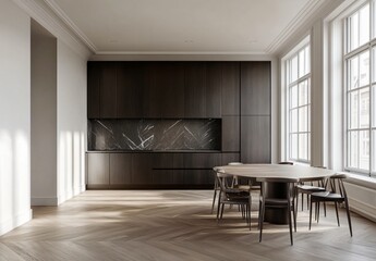 A modern dining room with gray and white interior design, featuring minimalist decor, clean lines, and a stylish ambiance, perfect for a sophisticated dining experience.