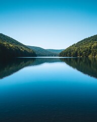 Verdant Horizon Adventures, Serene Lake View Under Clear Blue Sky
