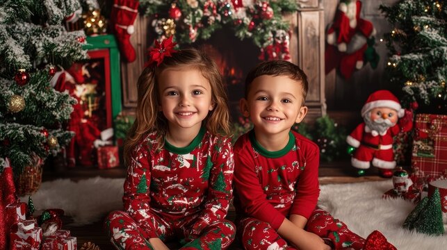 Christmas Siblings in Matching Pajamas - Powered by Adobe