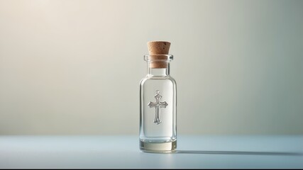Holy water in glass bottle with cork and cross symbol on minimalist background
