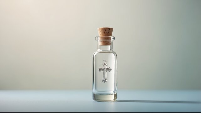 Holy water in glass bottle with cork and cross symbol on minimalist background
