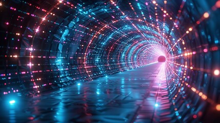Obraz premium Abstract neon lights into digital technology tunnel. Generative AI.