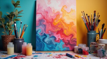 Creative Artist's Workspace with Paintbrushes and Vibrant Canvas