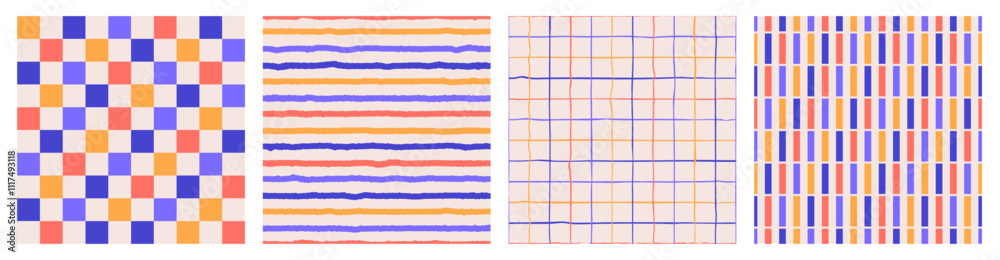 Canvas Prints seamless pattern set of multicolored hand drawn curved checkered lines, strip. trendy design with ab
