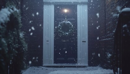 Snowy Night Scene With A Christmas Wreath On A Door