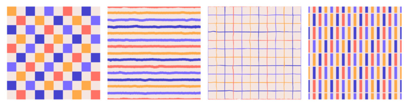 Fototapeta Seamless pattern set of multicolored hand drawn curved checkered lines, strip. Trendy design with abstract shapes, simple and playful doodle wallpaper print