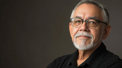 Fototapeta premium Elderly Hispanic man with glasses and a white beard, wearing a black shirt, smiling against a neutral background.
